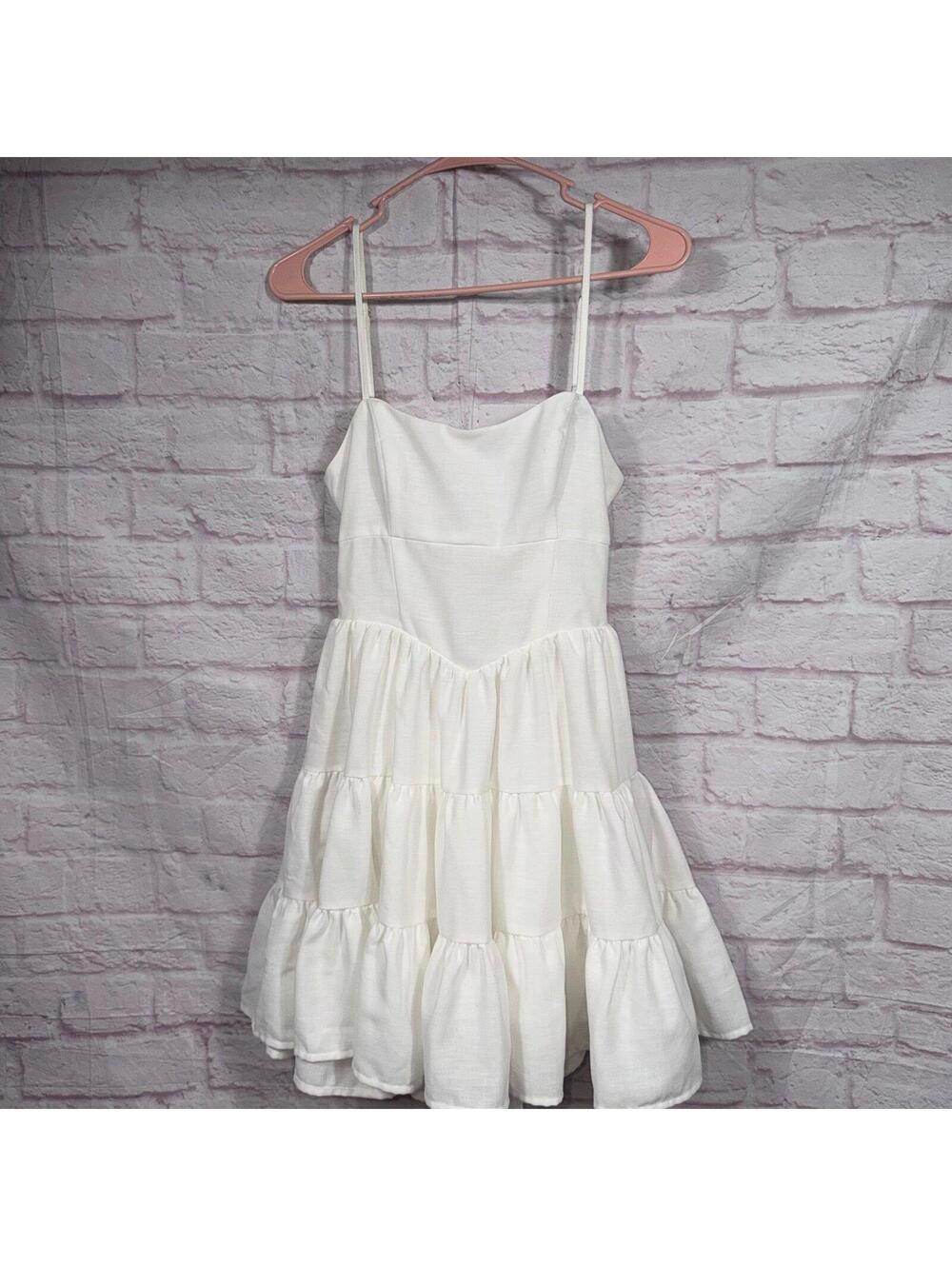 Women’s White Tiered Mini Dress XS Open Back Tie Cottagecore Party Dress NWOT